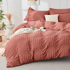 HYMOKEGE Coral Twin Comforter Set Seersucker 5 Pieces, All Season Luxury Bed in a Bag for Bedroom, Bedding Set with Comforter, Sheets, Pillowcase & Sham