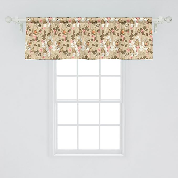 Ambesonne Autumn Window Valance Pack of 2, Seasonal Fruits and Leafs Vintage Botanical Print Soft Brown Toned Backdrop, Rod Pocket Curtain Valances for Kitchen Bedroom, 54" X 18", Sepia Multicolor