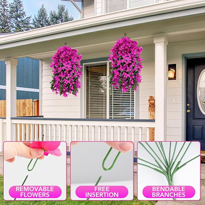 Artificial Bougainvillea Flowers for Outdoor Plant,2 pcs Faux Hanging Flowers Bougainvillea for Outside Decoration,Fake Silk UV Resistant Vines for Front Door Porch(Fuchsia)
