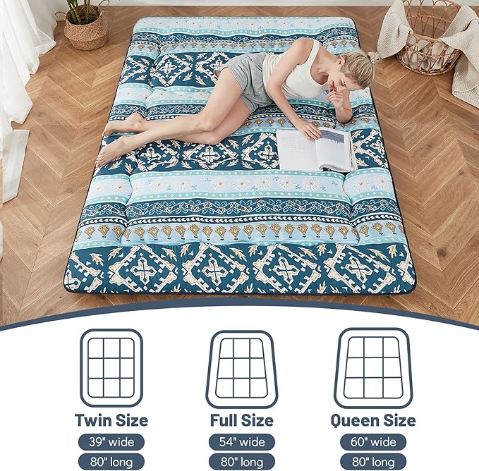 Japanese Floor Mattress, Futon Mattress with Portable Storage Bag and Washable Cover, Roll Up Thick Tatami Mat Suitable for Camping, Guest Room (Blue Striped Jacquard, Full)