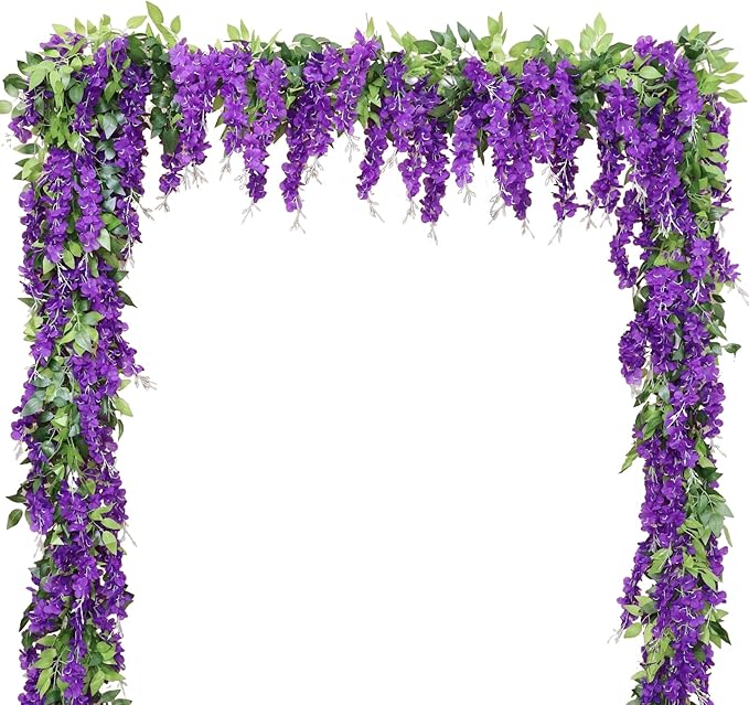 Wisteria Artificial Flowers Garland, 8Pcs Total 57.6ft Silk Faux Wisteria Vine Kit, Hanging Flower Plant for House Outdoor Garden Ceremony Outside Wedding Arch Floral Decor (8, Purple)