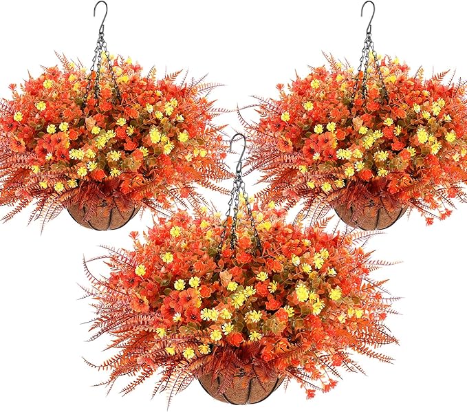 3 Set Artificial Fake Fall Hanging Flowers Plants Basket Outdoors Faux Hanging Baskets with Fall Flowers UV Resistant for Outside Yard Patio Garden Balcony Patio Porch Autumn Decor