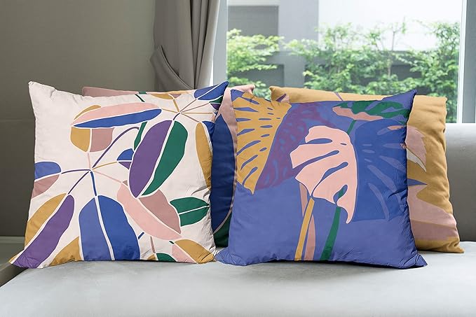 Ambesonne Exotic Throw Pillow Cushion Case Pack of 4, Tropical Themed Leaves Branches Monstera Plant Summer Vibes Pastel, Modern Accent Double-Sided Digital Printing, 16", Peach Blue Violet Mustard