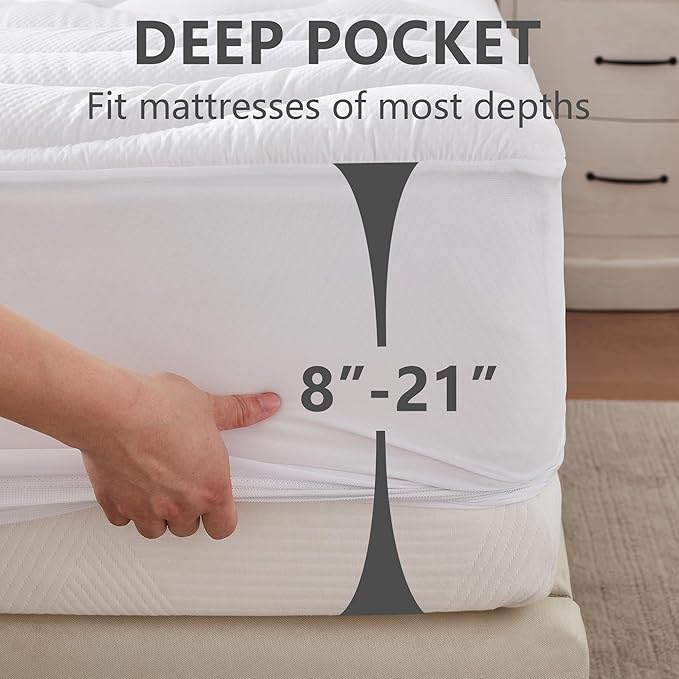 Full Size Mattress Pad Waterproof, Cooling Mattress Topper for Double Bed, Pillow Top Quilted Fitted Mattress Protector Cover with 8-21" Deep Pocket (54x75 inch, White)