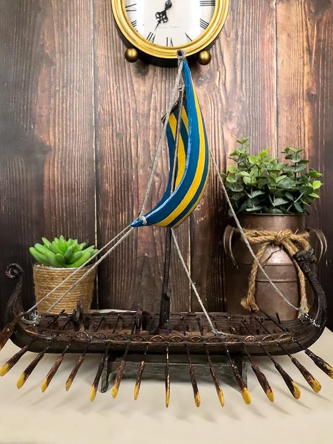Ebros Gift Scandinavian Viking Norseman Dragon Gokstad Longship Model Ship Boat Resin Sculpture with Display Base Stand War Vessel Battle Ships Prototype Figurine