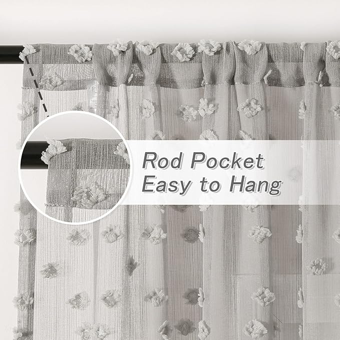 MYSKY HOME Pom Pom Grey Sheer Curtains for Bedroom Girls Room Curtains 108 Inches Long for Nursery Kids Light Filtering Boho Window Drapes, Rod Pocket, 38" Wide, 2 Panels