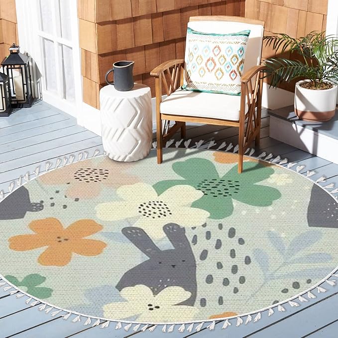 Round Rugs Floral Cute White Bunnies Hand Drawn Boho Area Rug Linen and Cotton Carpet Meditation Rug Washable Hallway Runner Mat Accent Rug for Bedroom Bathroom 6ft