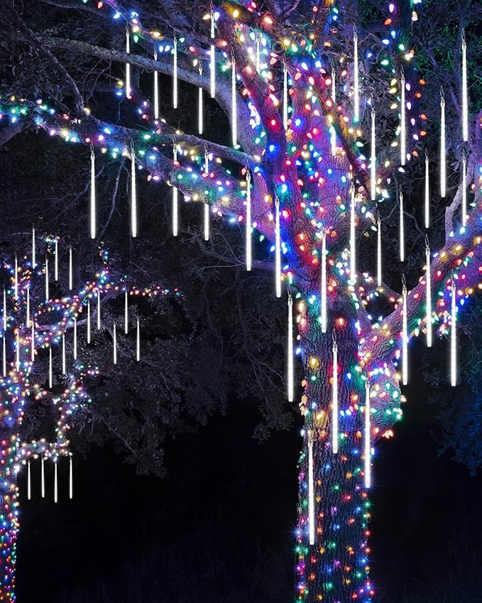 Joomer 2Pack Christmas Lights Outdoor, 11.8 inch 10 Tubes 240 LED Meteor Shower Lights, LED Falling Icicle Cascading Light with Timer Waterproof and Connectable for Christmas Decoration (White)