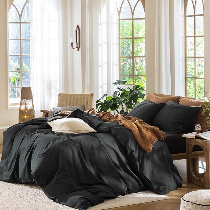 MooMee Bedding Duvet Cover Set 100% Washed Cotton Linen Like Textured Breathable Durable Soft Comfy (Solid Black, Full 80"x90")