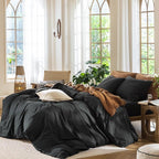 MooMee Bedding Duvet Cover Set 100% Washed Cotton Linen Like Textured Breathable Durable Soft Comfy (Solid Black, Palatial King/Oversized King 120"x98")