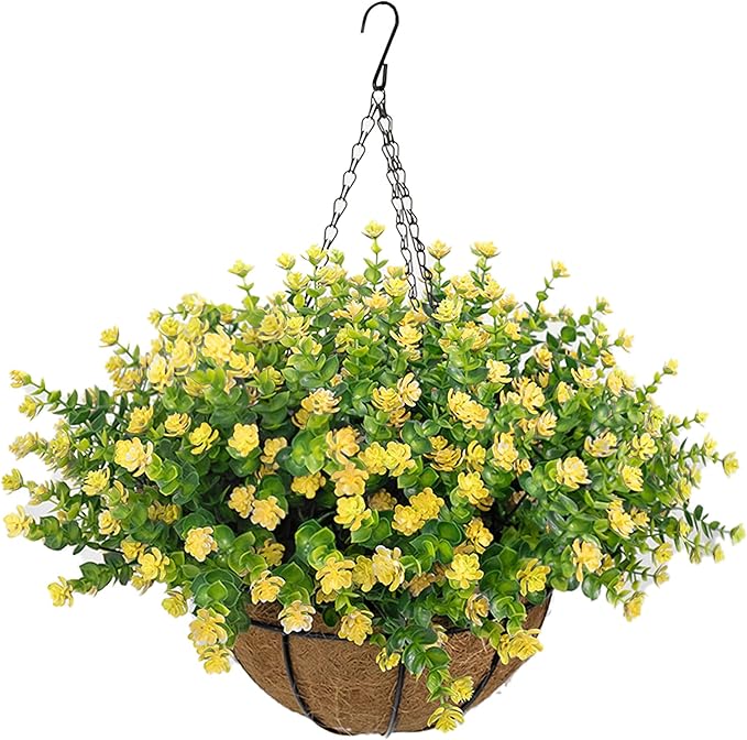 Artificial Hanging Flowers Basket for Outdoor, 16 Fake Flowers Look Real UV Resistant, Faux Hanging Plants for Porch, Balcony, Patio, Garden, Spring Summer Decor,Yellow