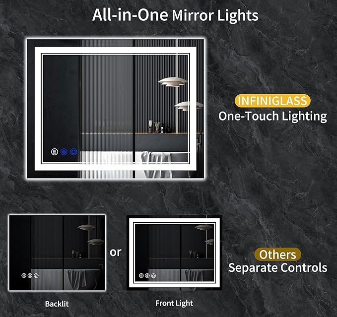 48"x24" LED Bathroom Mirror with Anti-Fog, Stepless Dimmable Lights, 3 Color Modes, Shatter-Proof Tempered Glass, Memory Function & Waterproof Design