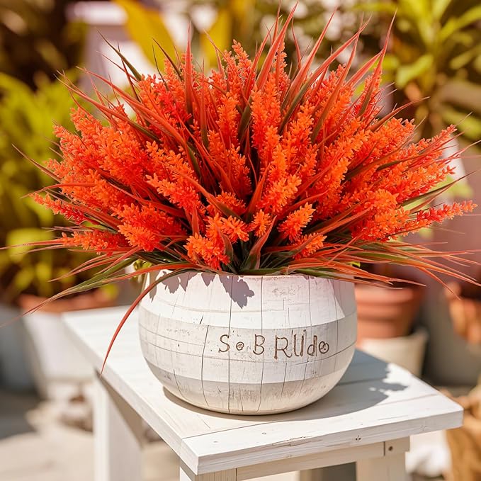 Geegoods 24 Bundles Artificial Fall Flowers Outdoor – Faux Lavender Flowers with Monkey Grass UV Resistant Plastic Faux Plants for Garden Porch Patio Home Decor, Autumn-red Color