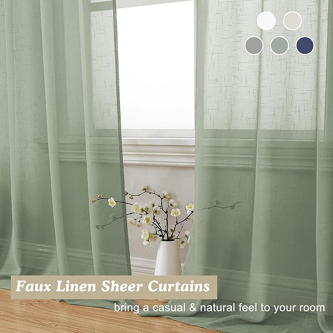 Aiyufeng Faux Sage Green Sheer Curtains 54 Inch Length 2 Panel Set, Fresh Farmhouse 54 Inch Long Sheer Linen Look Airy & Lightweight Elegant Window Treatments for Bedroom/Kitchen, 30Wx54L inch