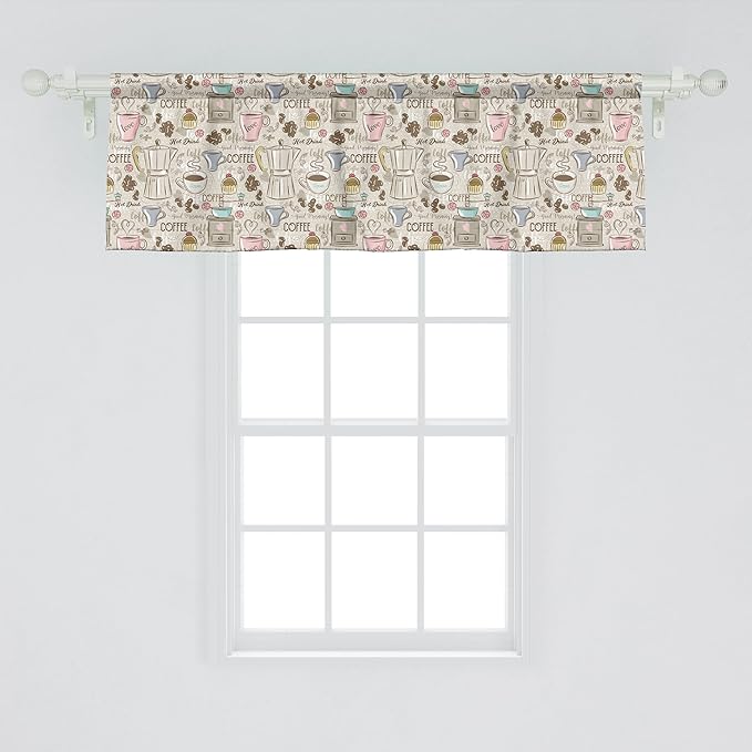 Ambesonne Modern Window Valance, Coffee Time Vintage Espresso Machine Cupcakes Beans Design, Curtain Valance for Kitchen Bedroom Decor with Rod Pocket, 42" x 18", Pale Pink Beige