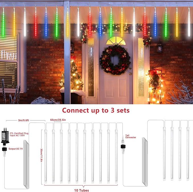 Joomer Christmas Lights Outdoor, 11.8 inch 10 Tubes 240 LED Meteor Shower Lights, LED Snow Falling Icicle Cascading Light with Timer Waterproof and Connectable for Christmas Decoration (Multicolor)