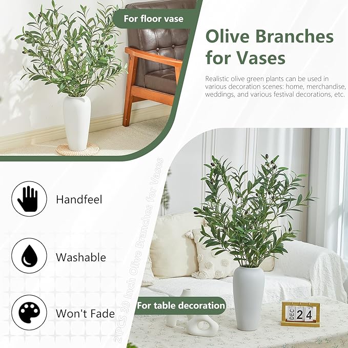 4 PCS 39 Inch Faux Olive Branches Artificial Flowers Greenery Stems Olive Tree Branch for Vase Filler Home Decor Indoor