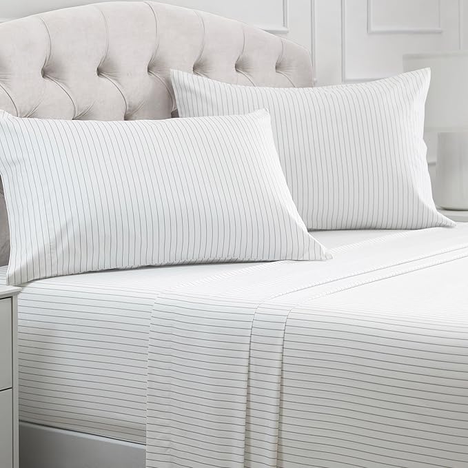 Mellanni Queen Sheets Set - 4 PC Iconic Collection Bedding - Hotel Luxury, Extra Soft, Cooling Bed Sheets - Wrinkle, Fade, Stain Resistant (Queen, Pin Stripe Gray)