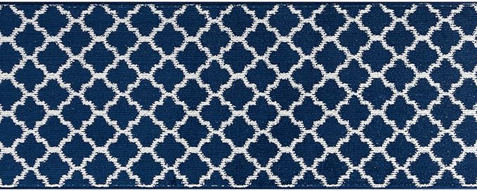 Custom Size Cut to Length Moroccan Trellis Design Runner Rug Mat For Wide Long Hallways with Non-Slip Rubber Backing, Better Traction for Pets, Prevent Slippage, Trellis Navy Blue, 31 inch X 6 feet