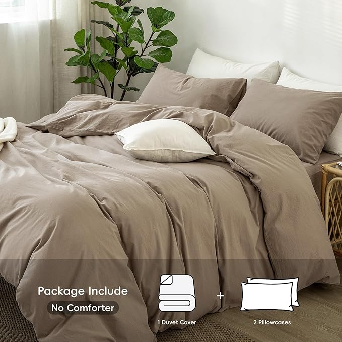 MooMee Bedding Duvet Cover Set 100% Washed Cotton Linen Like Textured Breathable Durable Soft Comfy (Solid Mocha Brown, Super King 108"x98")