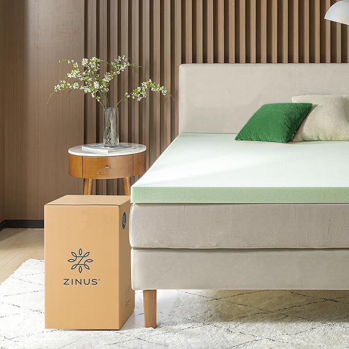 ZINUS 3 Inch Green Tea Memory Foam Mattress Topper, Smaller, More Convenient WonderBox Packaging, Pressure-Relieving Layers, CertiPUR-US Certified, Short Queen