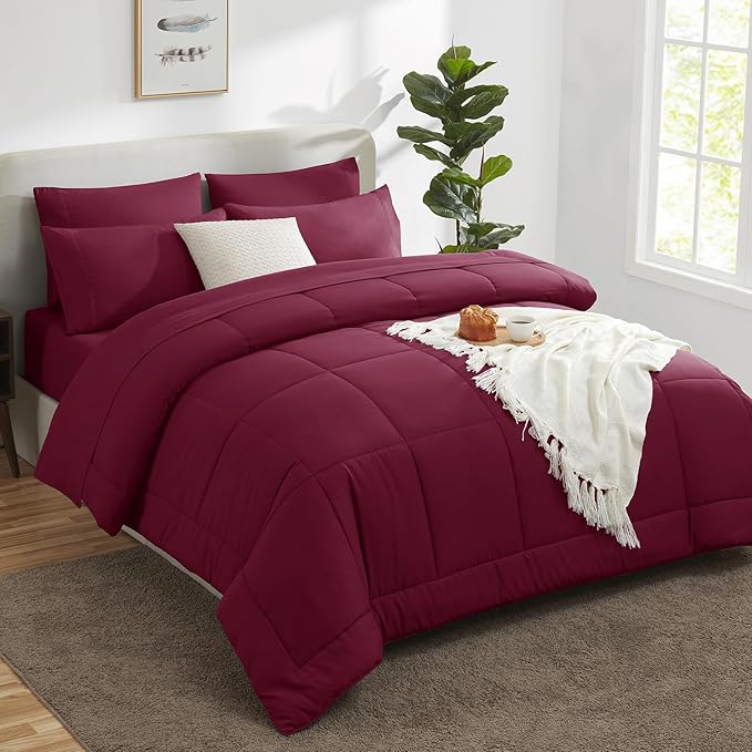 CozyLux King Size Comforter Set Burgundy, 7 Pieces Bed in a Bag, Red Comforter King Size, All Season Bedding Sets with Stitch Quilted Comforter, Flat Sheet, Fitted Sheet, Pillowcases