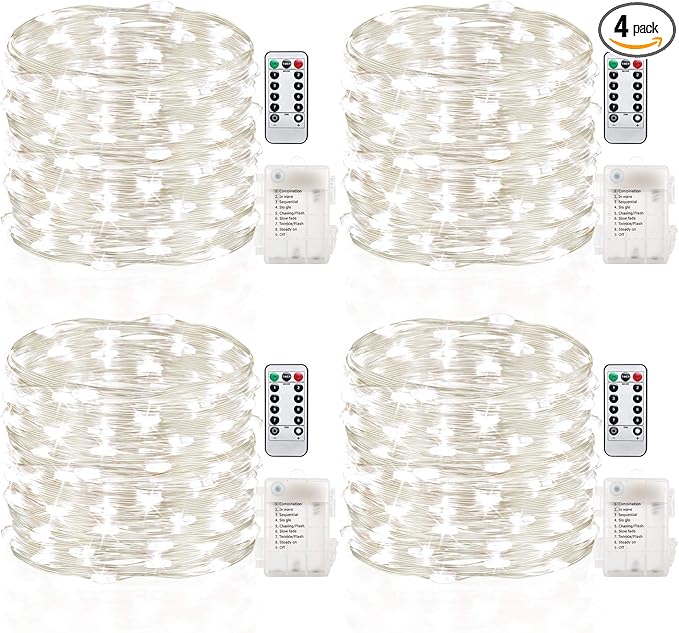 GDEALER 4 Pack Fairy Lights Christmas Decor 16.4 Ft 50 Led Battery Operated with Remote Waterproof 8 Modes Twinkle Firefly String Lights for Party Bedroom Wedding Decorations - White