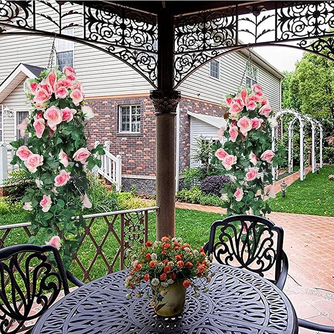 RECUTMS 4PCS Artificial Rose Hanging Flower 32 in Fake Garland for Home Room Garden Wedding Indoor Outdoor Decoration (Champagne)