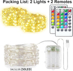 33ft 100LED Fairy Lights Battery Operated, 2 Pack 16.5ft 16 Color Changing String Lights with Remote Timer, RGB Waterproof Twinkle Lights for Indoor Outdoor Room Garden Yard Gift Party Christmas Decor