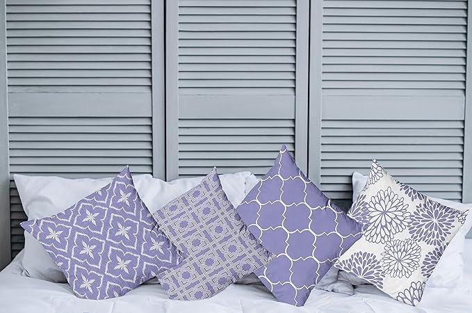 Ambesonne Vintage Throw Pillow Cushion Case Pack of 4, Monochrome Design Grid Trellis Quatrefoil Mesh and Dahlia Flowers Modern Print, Modern Accent Double-Sided Digital Printing, 20", Lavender White