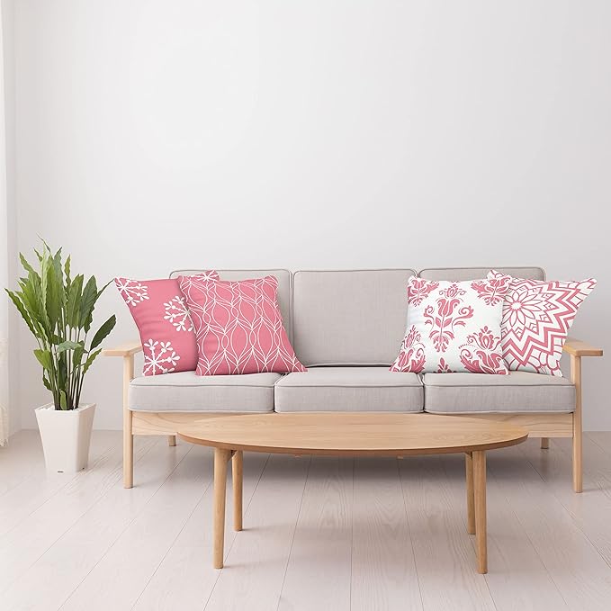 Ambesonne Retro Throw Pillow Cushion Case Pack of 4, Trellis Grid Medieval Floral Damask Mandala Flower Ornament in Modern Monochrome, Modern Accent Double-Sided Digital Printing, 24", Pastel Pink