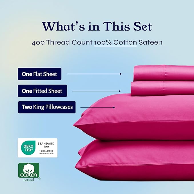 California Design Den Natural 100% Cotton Bed Sheets King Size Set - 400 Thread Count Sateen, Deep Pocket King Size Sheet Set, All Around Elastic, Soft, Cool and Durable Bedding - Hot Pink