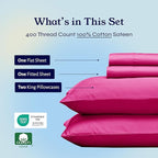 California Design Den Natural 100% Cotton Bed Sheets King Size Set - 400 Thread Count Sateen, Deep Pocket King Size Sheet Set, All Around Elastic, Soft, Cool and Durable Bedding - Hot Pink
