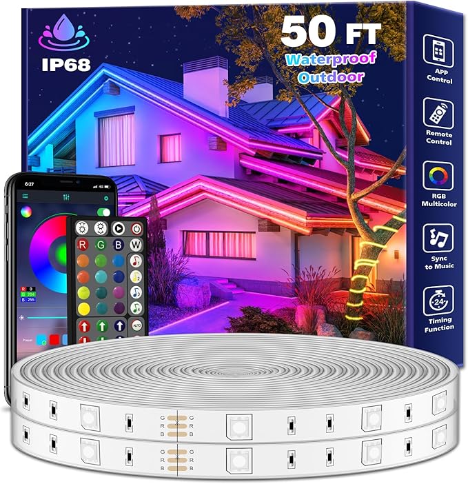 50Ft Outdoor LED Strip Lights Waterproof,Music Sync RGB IP68 Outside Led Light Strips Waterproofs with App and Remote,Exterior Led Rope Lights Waterproof for Deck,Balcony,Roof,Garden,Pool