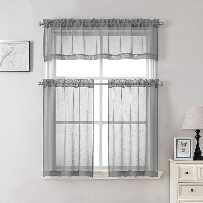 Aiyufeng Kirei Faux Linen Kitchen Sheer Valance 14 Inch Length, Soft Airy Slub Textured Short Curtain for Small Windows Farmhouse Bathroom Bedroom Basement, 60X14 Inch, 1 Piece, Silver Grey