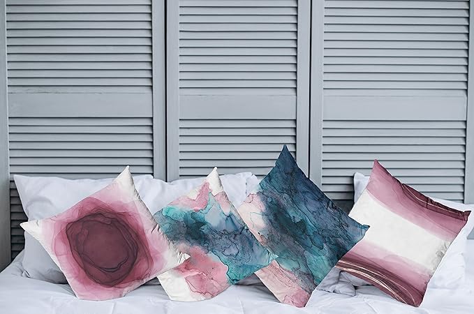 Ambesonne Marble Print Throw Pillow Cushion Case Pack of 4, Watercolor Effect Brushstrokes Stains and Hues Modern Bicolour, Modern Accent Double-Sided Digital Printing, 18", Petrol Blue and Dried Rose