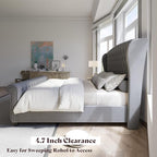 AMERLIFE California King Size Platform Bed Frame, Velvet Upholstered Sleigh Bed with Scroll Wingback Headboard & Footboard/Button Tufted/No Box Spring Required/Grey