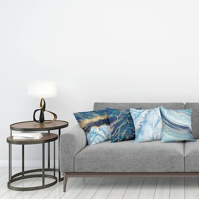 Ambesonne Marble Print Throw Pillow Cushion Case Pack of 4, Modern Themed Pastel Stone Stain Look Veins Aquatic, Tones for Decorative Home Accent Double-Sided Digital Printing, 16", Pale Blue Indigo