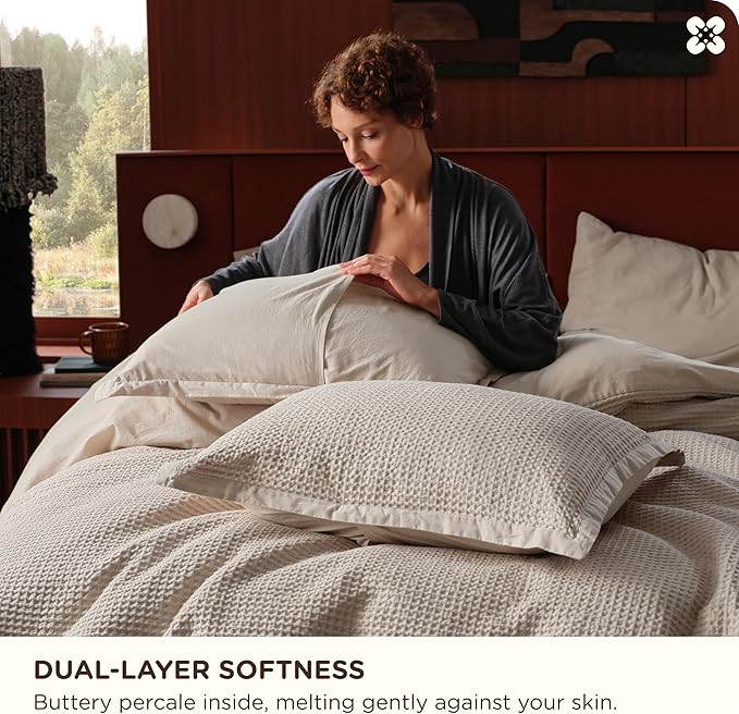 Bedsure Cotton Duvet Cover King - 100% Cotton Waffle Weave Linen Color Duvet Cover, GentleSoft™ and Breathable King Bedding Set for All Season, 3 Pieces, 104"x90"