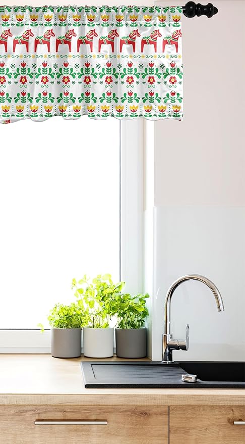 Ambesonne Folk Art Window Valance Pack of 2, Scandinavian Themed Pattern of Swedish Dala Horse and Flowers, Rod Pocket Curtain Valances for Kitchen Bedroom, 54" X 12", Green Vermilion