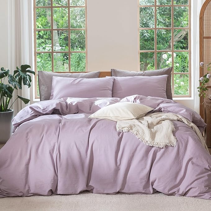 MooMee Bedding Duvet Cover Set 100% Washed Cotton Linen Like Textured Breathable Durable Soft Comfy (Heathered Light Purple, Palatial King/Oversized King 120"x98")