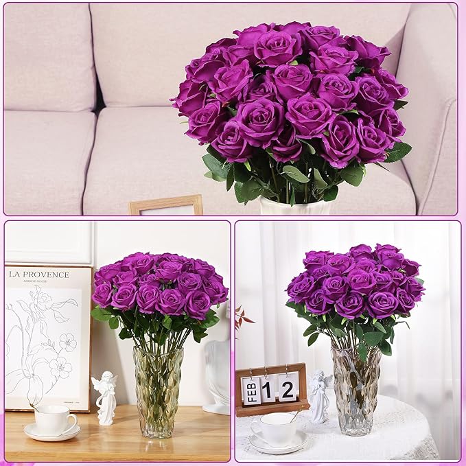 72 Pcs Artificial Roses Purple Fake Silk Roses Realistic Roses Faux Flower Indoor Wedding Home Decor, Birthday Decorations