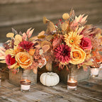 Artificial Fall Flowers Bouquet for Decoration, Fall Fake Silk Flower Arrangements Faux Autumn Flowers Fall Decorations for Home Indoor Office Wedding Bride Bouquets Tables Centerpieces Fall Decor