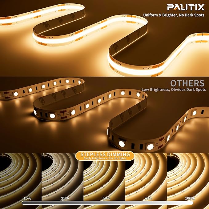 PAUTIX 5V USB COB LED Strip Light 6.56ft/2m 1200lm, 640LEDs Dimmable 3000K Warm White CRI90+ with RF Remote TV Backlight,Flexible Under Cabinet Tape Light for Bedroom,Kitchen,Home,Office DIY Lighting
