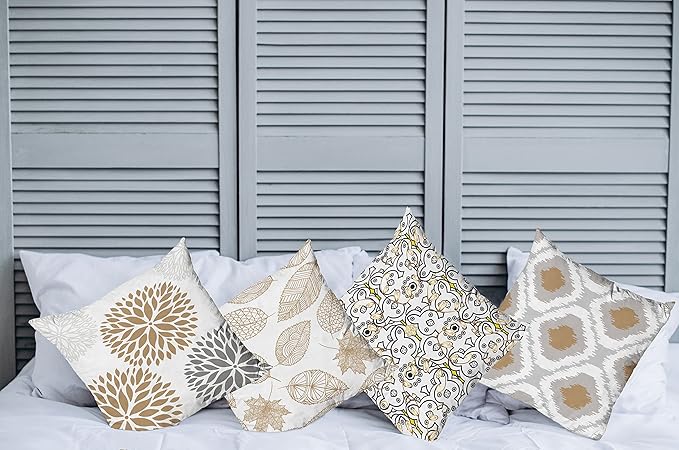 Ambesonne Vintage Throw Pillow Cushion Case Pack of 4, Bohemian Ornamental Leaves Dahlia Pattern Geometric Art Curlicue, Modern Accent Double-Sided Digital Printing, 18", Pale Brown Grey White
