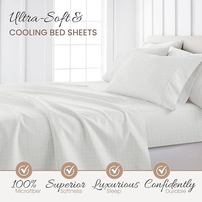 Linen Market Patterned Microfiber Queen Sheet Set 4 Piece – Oeko-TEX Certified Ultra Soft & Wrinkle-Free - 16" Deep Pocket Sheets - Easy Care Queen Size - Beaded Arrows Light Gray