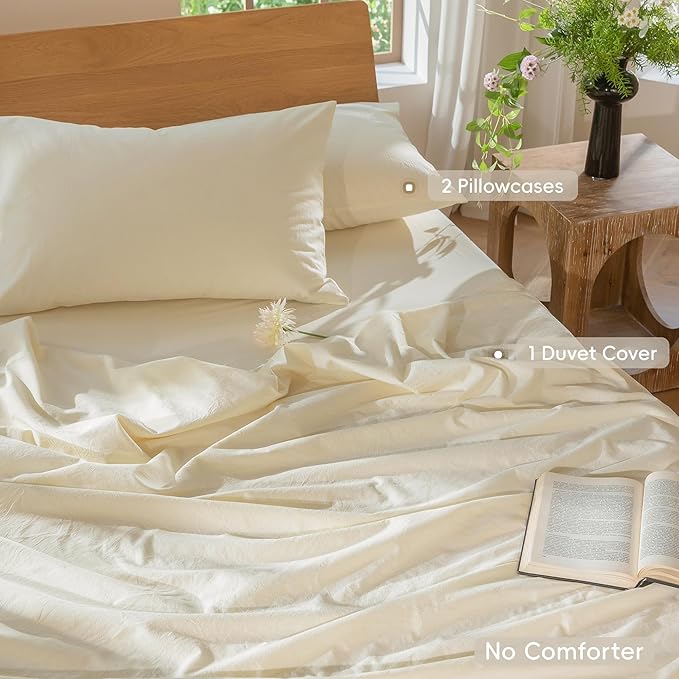 MooMee Bedding Duvet Cover Set 100% Washed Cotton Linen Like Textured Breathable Durable Soft Comfy (Solid Cream White, Oversized Queen 98"x98")