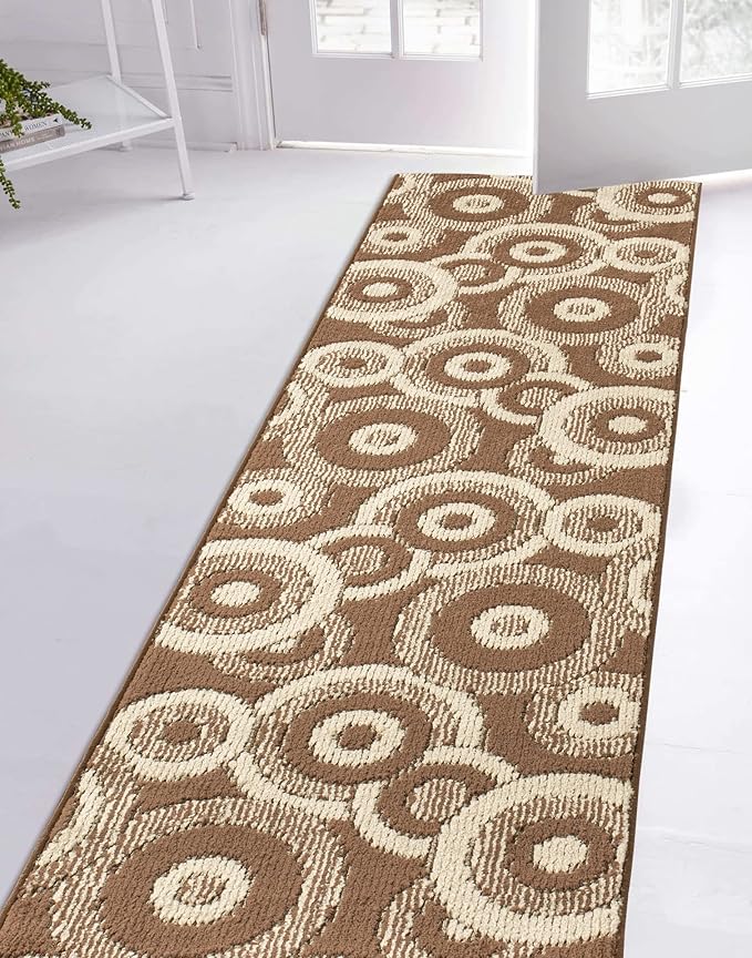 Custom Length Cut to Size Modern Farmhouse Carpet Runner Rug for Hallways, Non Slip Rubber Backed, 31 inch Wide X Customized Length, Geo Brown, 31 inch X 28 feet