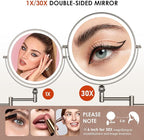 9" Wall Mounted Lighted Makeup Mirror,4000mAh Rechargeable Double Sided 1X/30X Magnifying Mirror with Light,Touch Dimmable,Extended Arm 360 Rotation Wall Mounted Makeup Mirror 3 Color Lights-N