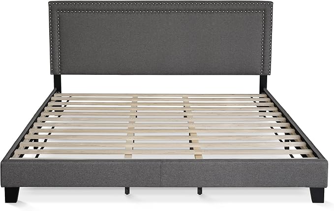 Furinno Laval Double Row Nail Head Upholstered Platform Bed Frame, King, Stone